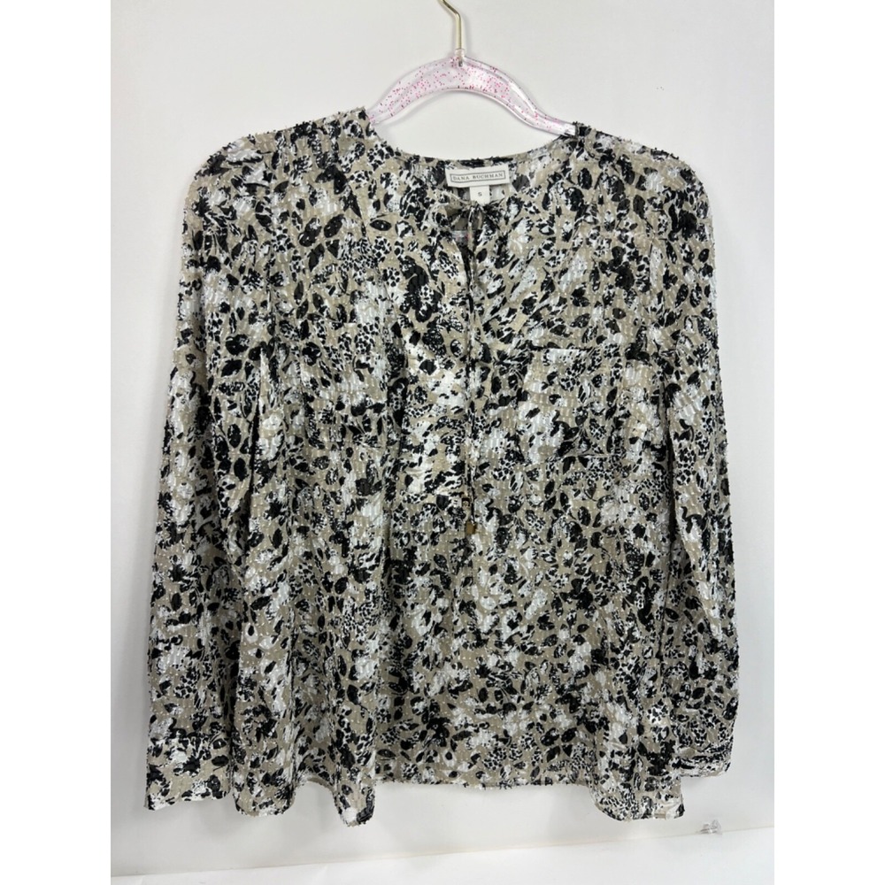 Dana Buchman Black, White, & Brown Long Sleeve Blouse Womens Sz S